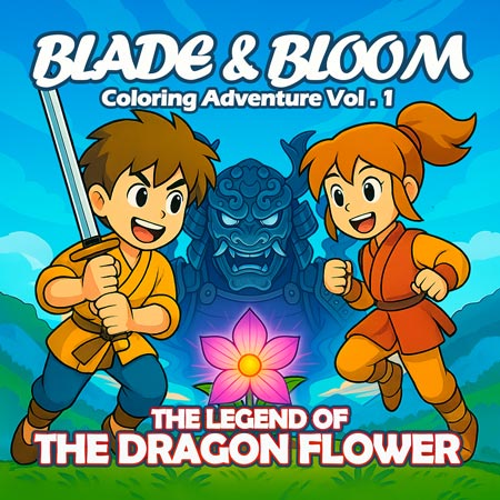 Blade & Bloom Vol.1: The Legend of the Dragon Flower Fantasy coloring book inspired by Japanese legends featuring samurai, ninjas, dragons, and magical forests