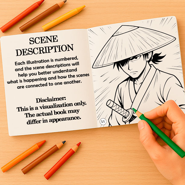 Illustrated coloring storybook with numbered scenes Open coloring book and adventure book for kids and teens, showing a story-based scene description and a coloring page — part of an interactive storybook with fantasy scenes and coloring pages for children and adults.