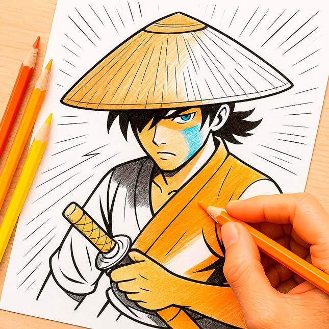 Coloring Book Scene 29: The Challenger Appears Haru and Aki faces chalange from Ronin in a magical coloring story for kids.