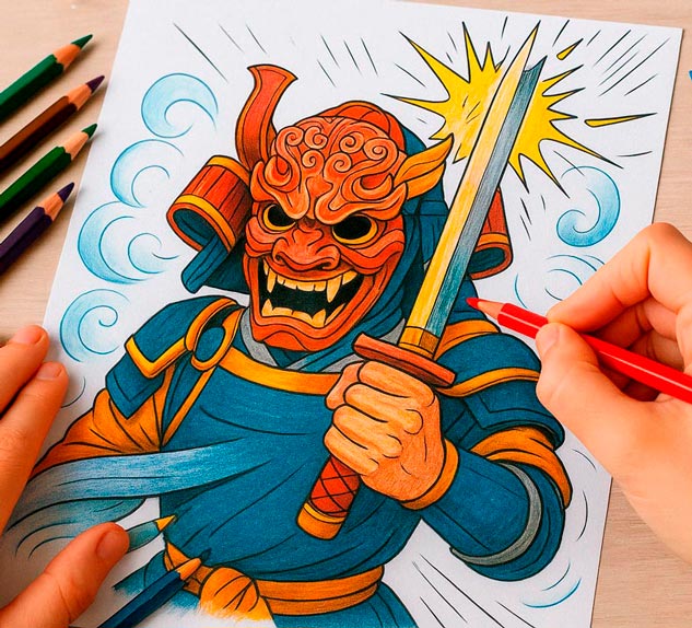 Coloring Book Scene 43: Spirit’s Laugh Haru and Aki confronts the masked enemy in a burst of fire and courage — the final challenge to save the realm.