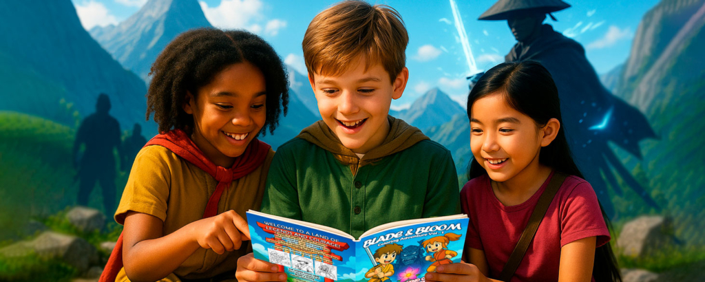Kinder lesen das Malbuch „Blade & Bloom“ – ein Fantasy-Malabenteuer mit Legenden, Kriegern und leuchtender Magie.