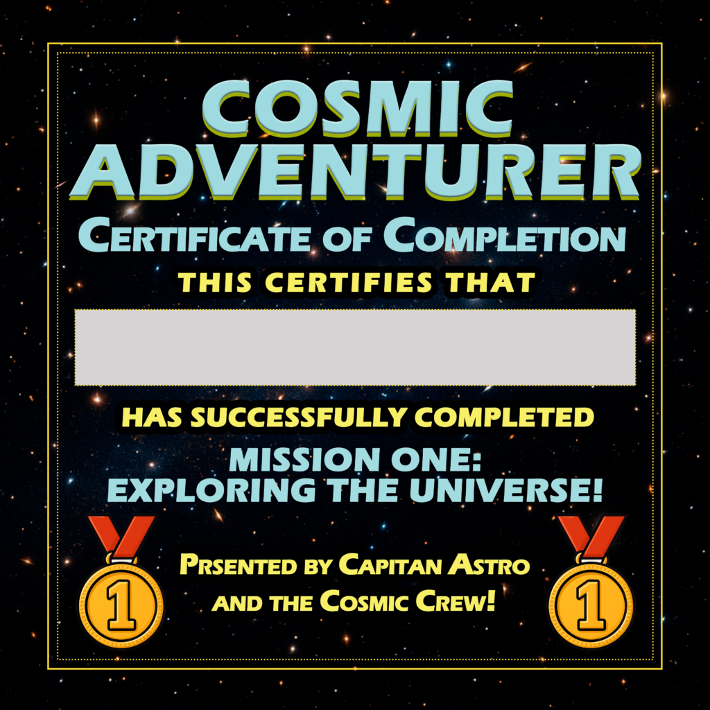 Cosmic Adventurer certificate of completion for kids – award page from space-themed educational book series about the universe.