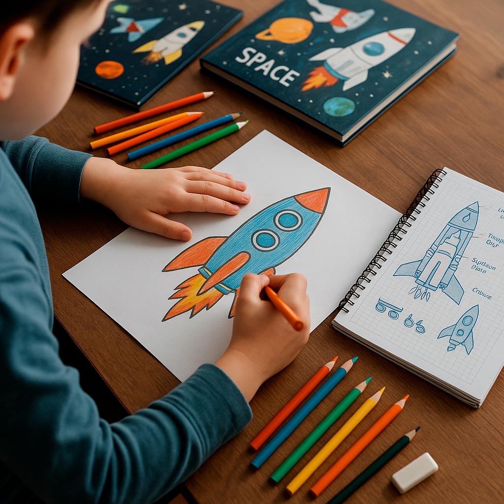 Cosmic Adventurer: Interactive Missions child drawing a rocket