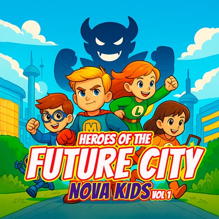 Sci-fi coloring book for children with superpowered heroes, robots, and futuristic city adventures