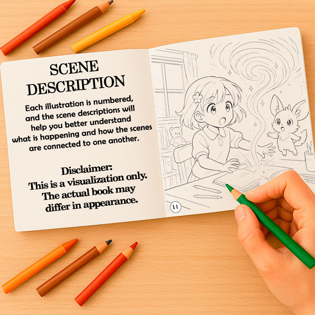 Illustrated coloring storybook with numbered scenes Open coloring book and adventure book for kids and teens, showing a story-based scene description and a coloring page — part of an interactive storybook with fantasy scenes and coloring pages for children and adults.