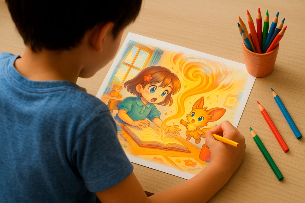 Coloring book scene - Hanna discovering magical energy from her sketchbook