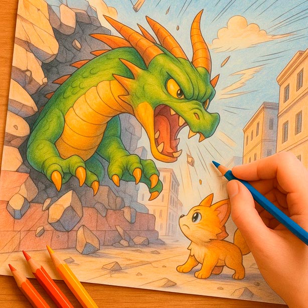 Coloring Book Scene 13: The Cracks in the Wall Hanna battles a graffiti dragon in a ruined city with Moko nearby – Red Color Spirit awakening scene. Anime style coloring book for kids