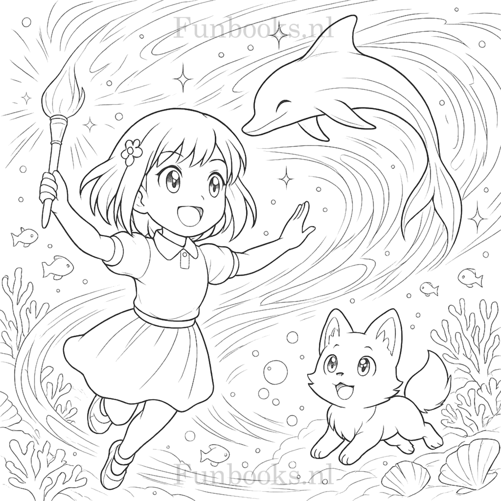 Hanna swimming underwater with dolphins and her fox friend Moko