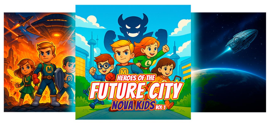 Sci-fi coloring book for children with superpowered heroes, robots, and futuristic city adventures
