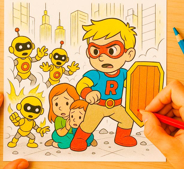 Rico in Action – Nova Kids Sci-Fi Coloring Book Scene Scene from Nova Kids where Rico defends children from yellow chaos-bots with a tech staff.