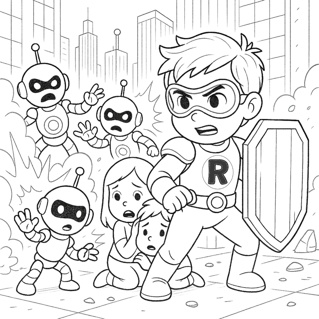 Printable coloring pages from Nova Kids: Heroes of the Future City featuring action scenes with Max, Luna, Rico, and Aiko.