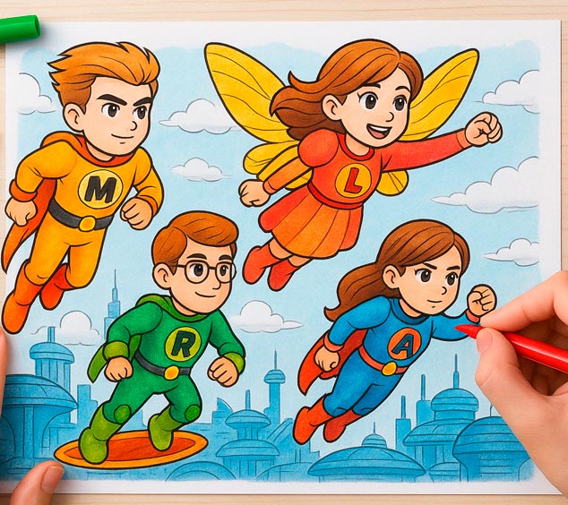 Superpowered Flight Max , Luna, Riko and Aiko from Nova Kids flying above the city using superpowers and light wings during their mission.
