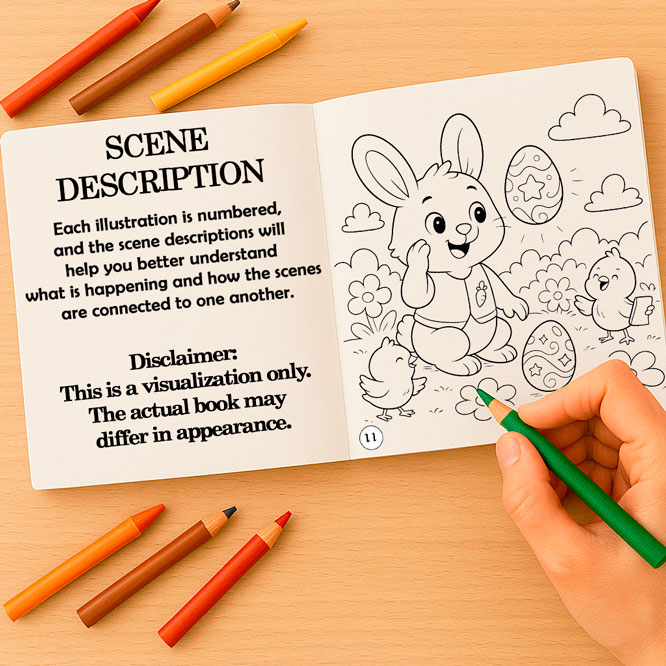 Open coloring book and adventure book for kids and teens, showing a story-based scene description and a coloring page — part of an interactive storybook with fantasy scenes and coloring pages for children and adults.
