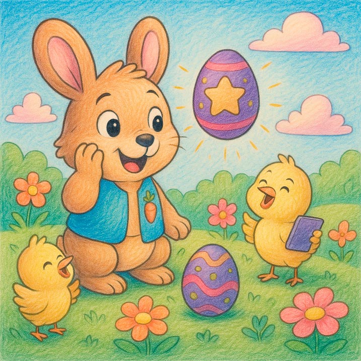 Coloring scene with bunny and baby chicks playing with Easter eggs under a bright sky – from The Bunny in Eggland.