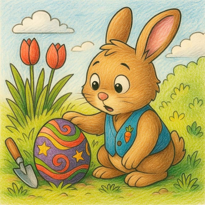 Coloring book illustration of a bunny discovering a hidden Easter egg in a tulip field – from The Bunny in Eggland storybook.