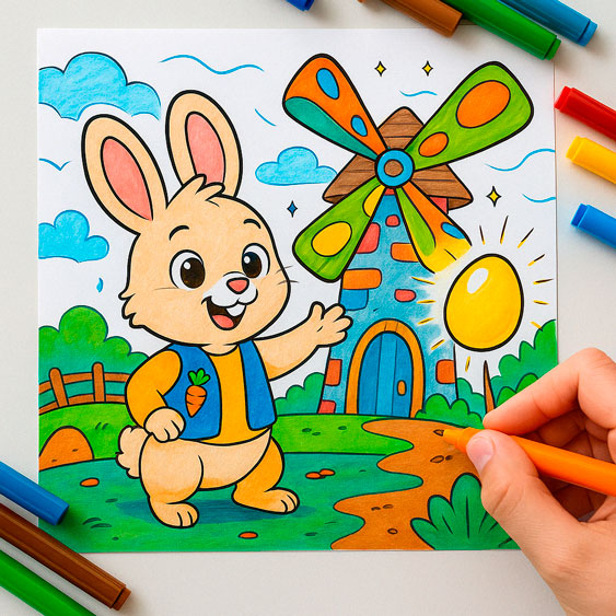 Coloring book scene with cheerful bunny near a windmill, holding a magical Easter egg – from the storybook The Bunny in Eggland.