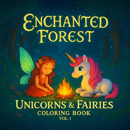 Unicorns & Fairies Coloring Book Vol. 1 – Enchanted Forest Story-based fantasy coloring book for kids featuring unicorns, fairies, and magical forest adventures