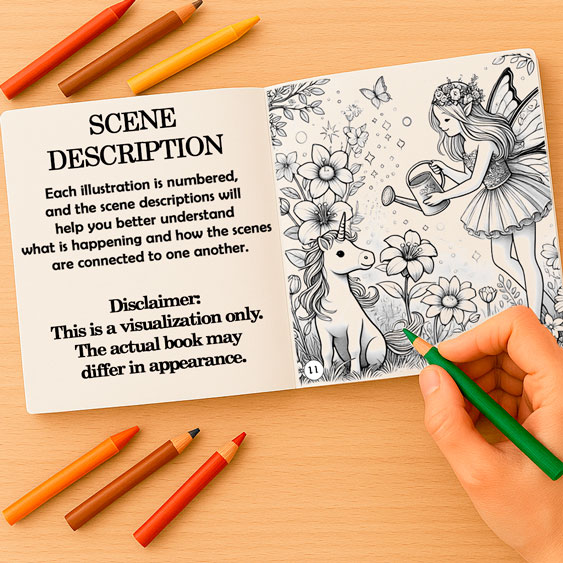 Illustrated coloring storybook with numbered scenes Open coloring book and adventure book for kids and teens, showing a story-based scene description and a coloring page — part of an interactive storybook with fantasy scenes and coloring pages for children and adults.