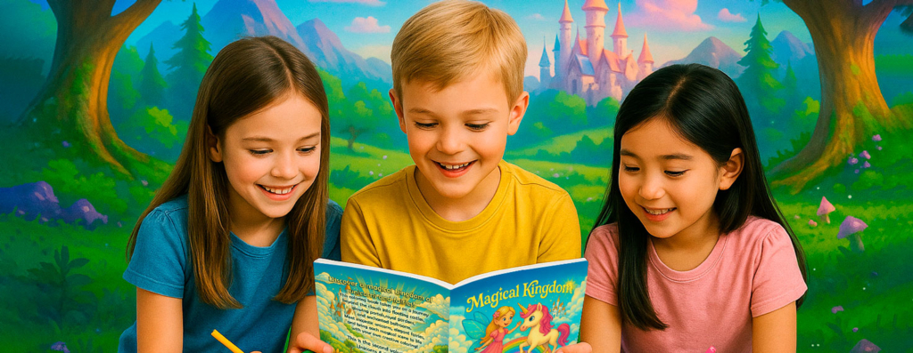 Children coloring a fantasy book about unicorns and fairies in a magical kingdom. Fantasy coloring book for kids featuring unicorns, fairies, rainbow skies, and magical kingdoms – part of the Unicorns & Fairies series.