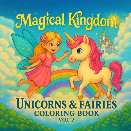 Fantasy coloring book for kids featuring unicorns, fairies, rainbow skies, and magical kingdoms – part of the Unicorns & Fairies series.