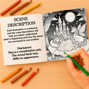 Illustrated coloring storybook with numbered scenes