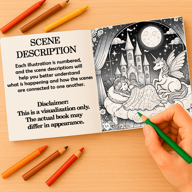 Illustrated coloring storybook with numbered scenes Open coloring book and adventure book for kids and teens, showing a story-based scene description and a coloring page — part of an interactive storybook with fantasy scenes and coloring pages for children and adults.