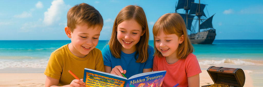 Adventure-themed coloring book with unicorns, fairies, treasure maps, flying islands, and underwater quests – third volume in the Unicorns & Fairies series. Avontuurlijk kleurboek met eenhoorns, feeën, schatkaarten, zwevende eilanden en onderwatermissies – het derde deel in de serie Eenhoorns & Feeën.