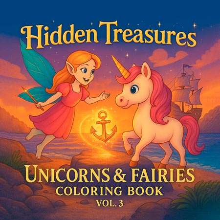 Adventure-themed coloring book with unicorns, fairies, treasure maps, flying islands, and underwater quests – third volume in the Unicorns & Fairies series.