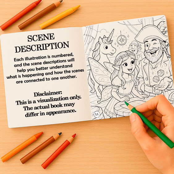 Illustrated coloring storybook with numbered scenes Open coloring book and adventure book for kids and teens, showing a story-based scene description and a coloring page — part of an interactive storybook with fantasy scenes and coloring pages for children and adults.