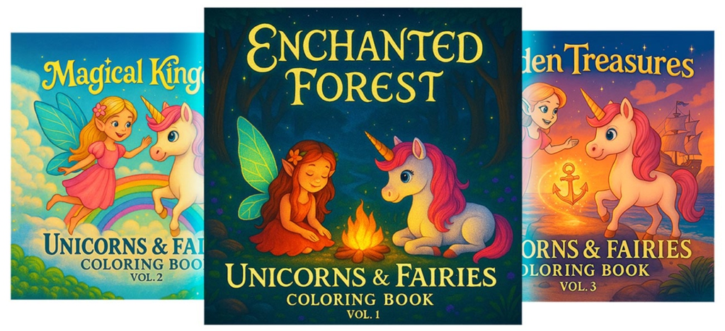 Story-based fantasy coloring book for kids featuring unicorns, fairies, and magical forest adventures