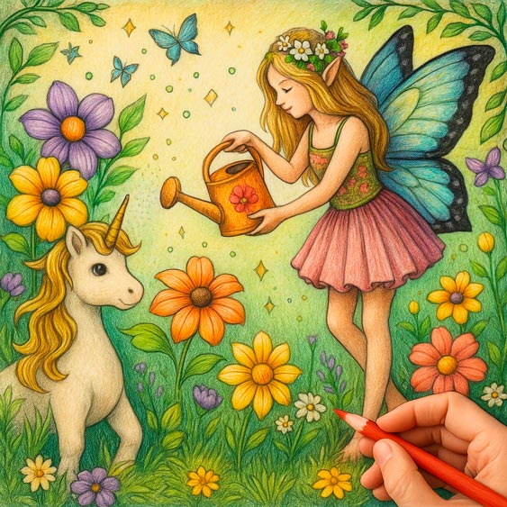 Enchanted Forest - Coloring Scene 1: The Magic Garden Fairy and unicorn watering magical garden, a coloring page.