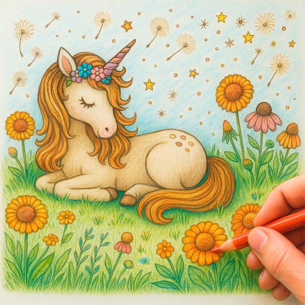 Enchanted Forest - Coloring Scene 21: A Moment of Rest Child colors a magical unicorn resting peacefully in a flower-filled meadow.