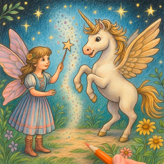 Enchanted Forest - Coloring Scene 8: Time to Fly a fantasy unicorn and fairy coloring illustration