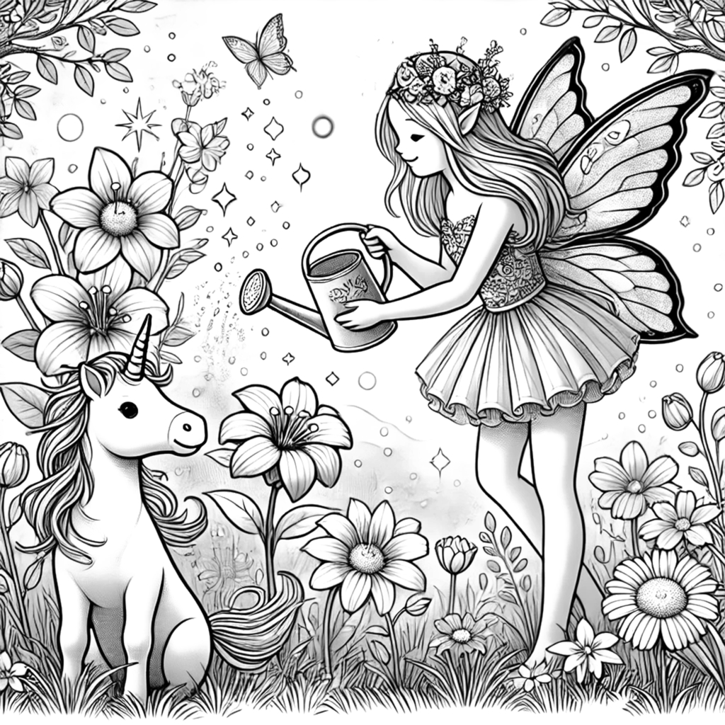 Printable magical coloring pages of fairies and unicorns from Enchanted Forest adventure coloring book.