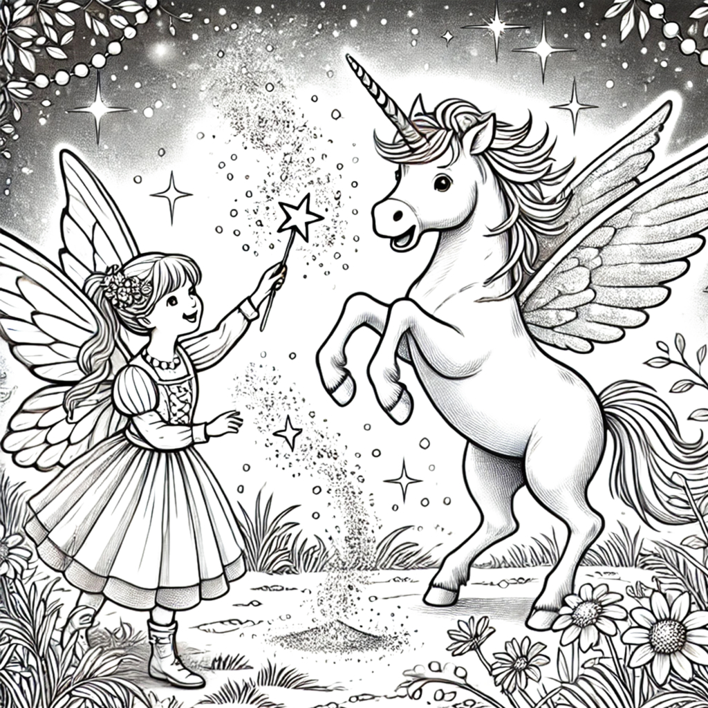 Printable magical coloring pages of fairies and unicorns from Enchanted Forest adventure coloring book.