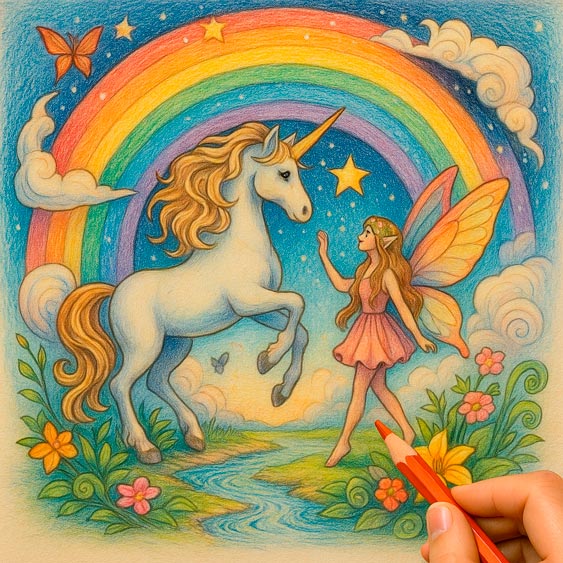 Magical Kingdom - Coloring Scene 10: Stepping into the Portal A coloring book scene - the fairy activated the magical portal, causing it to glow and swirl with magical energy. Side by side, fairy and unicorn stepped forward, disappearing into the enchanting light, ready to enter the mystical kingdom beyond.
