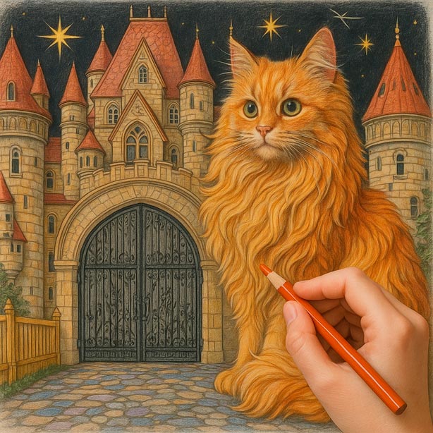 Magical Kingdom - Coloring Scene 16: The Guardian of the Castle A coloring book scene - As soon as the unicorn and fairy stepped off the bridge, a majestic, mystical cat appeared before them, its fur shimmering like stardust.