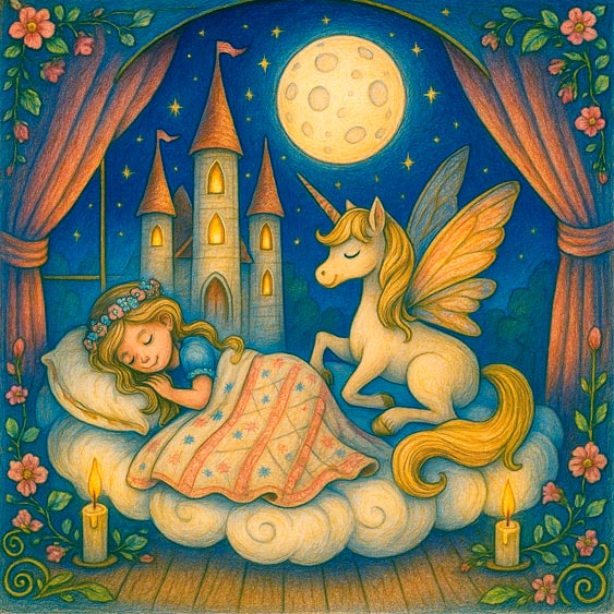 Magical Kingdom - Coloring Scene 31: A Restful Night A coloring book scene - After the grand magical ball, the unicorn and fairy returned to their cozy chamber inside the castle