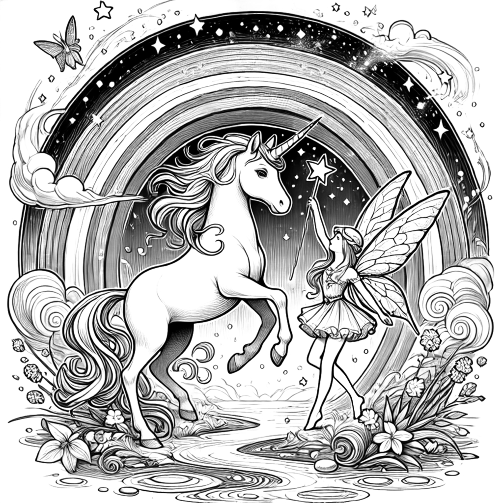 Printable magical coloring pages of fairies and unicorns from Magical Kingdom adventure coloring book.