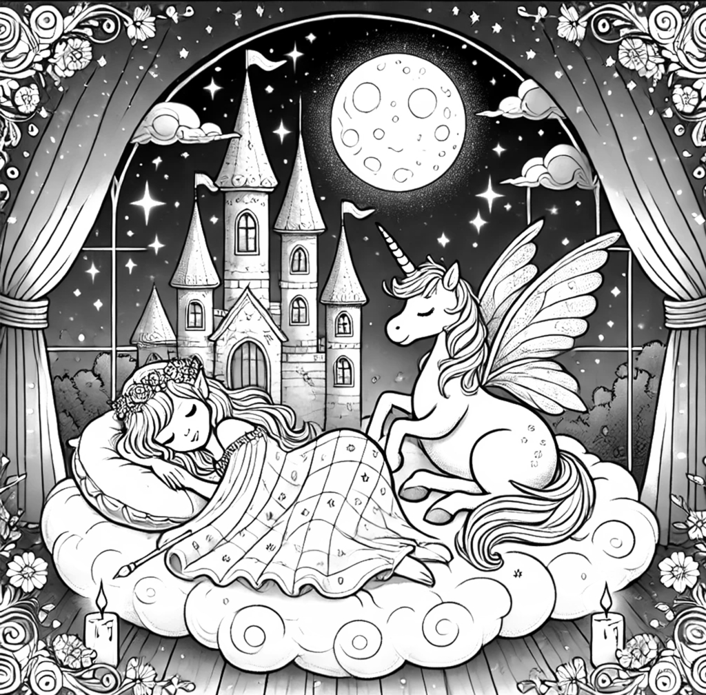 Printable magical coloring pages of fairies and unicorns from Magical Kingdom adventure coloring book.