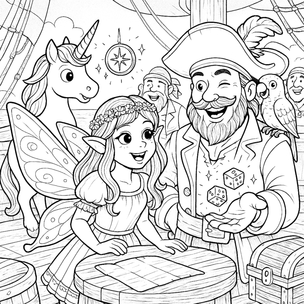 Printable magical coloring pages of fairies and unicorns from Hidden Treasures adventure coloring book.