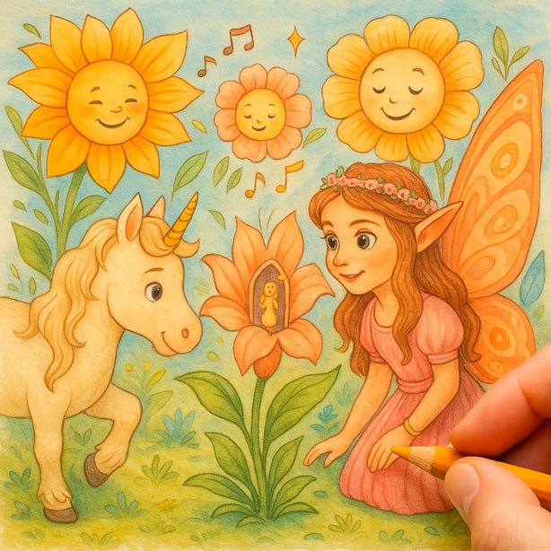 Hidden Treasures - Coloring Scene 18: The Garden of Whispering Blooms Unicorns & Fairies Hidden Treasures Coloring book scene 18 - an enchanting coloring page with unicorn and fairy finding a key to their next adventure in the garden of whispering blooms