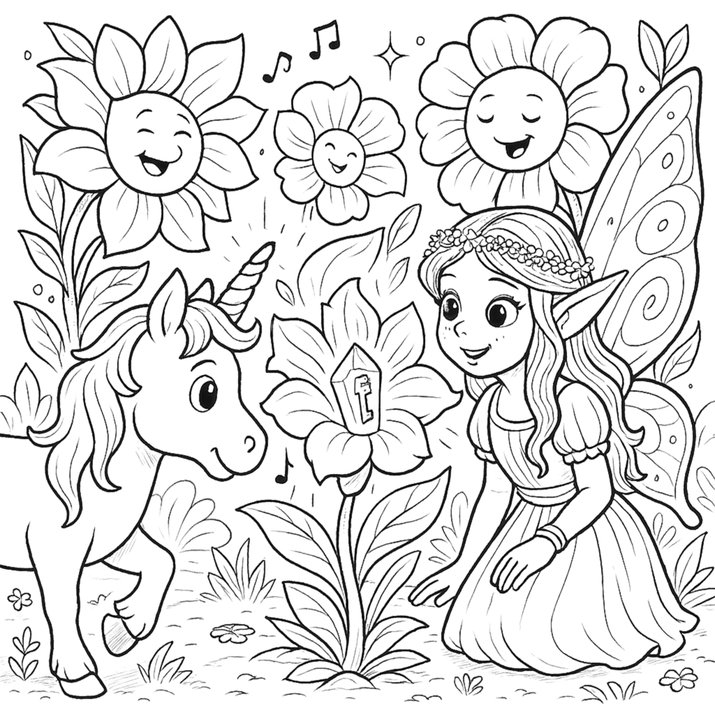 Printable magical coloring pages of fairies and unicorns from Hidden Treasures adventure coloring book.