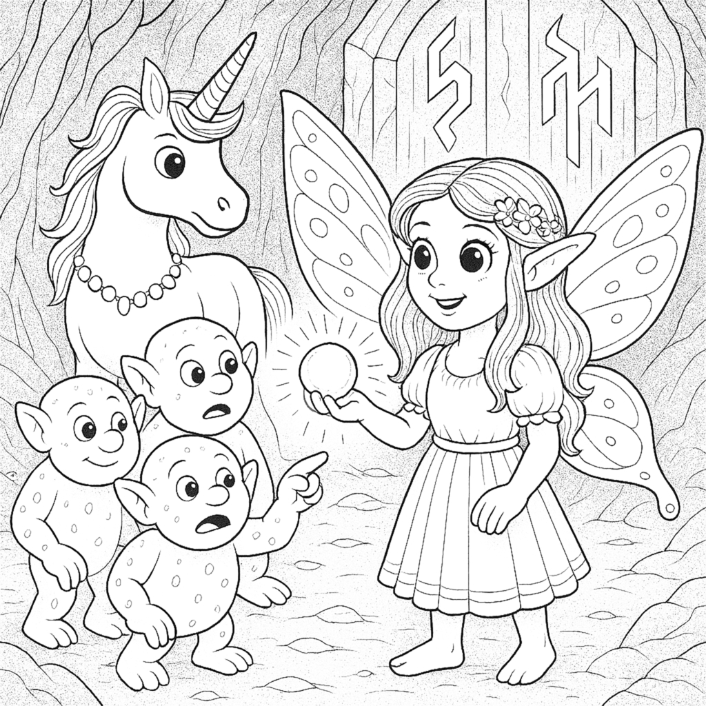 Printable magical coloring pages of fairies and unicorns from Hidden Treasures adventure coloring book.