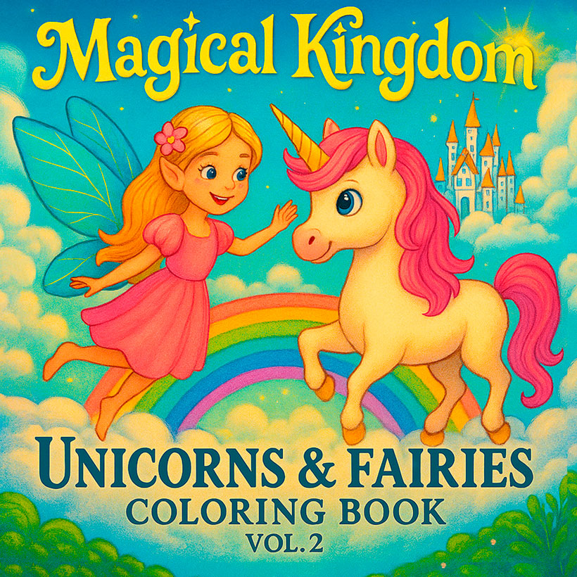 Unicorns & Fairies Vol. 2 – Magical Kingdom Fantasy coloring book for kids featuring unicorns, fairies, rainbow skies, and magical kingdoms – part of the Unicorns & Fairies series.