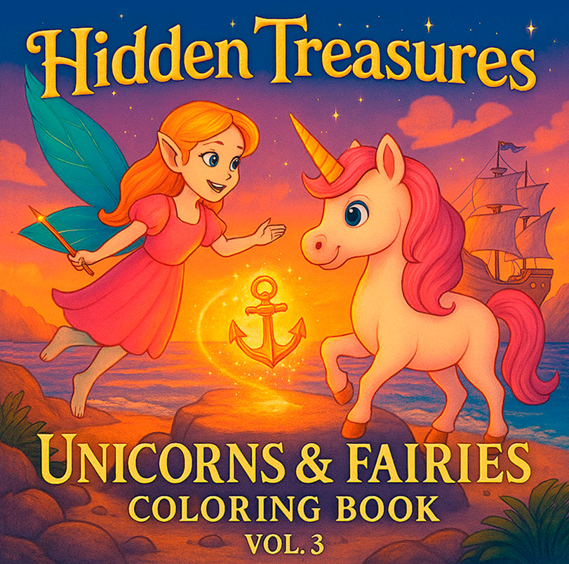 Unicorns & Fairies Vol. 3 – Hidden Treasures Adventure-themed coloring book with unicorns, fairies, treasure maps, flying islands, and underwater quests – third volume in the Unicorns & Fairies series.