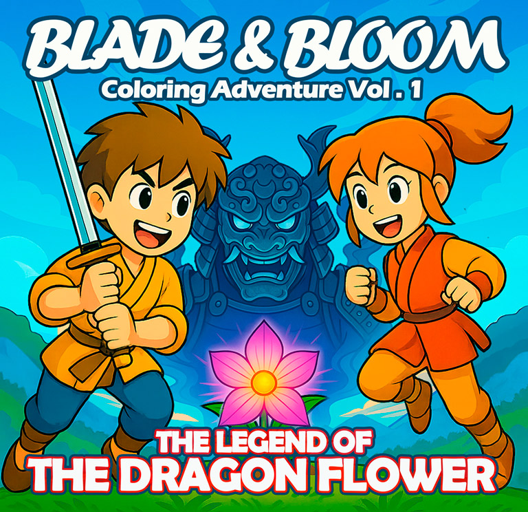 Blade & Bloom Vol.1: The Legend of the Dragon Flower – action-filled coloring book for kids. Blade & Bloom coloring book cover featuring kids with swords and glowing dragon flower.