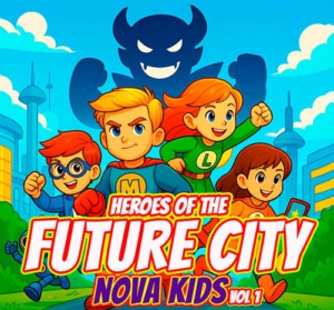 Nova Kids Coloring Book – Cover Art Featuring Max, Luna, Rico, and Aiko