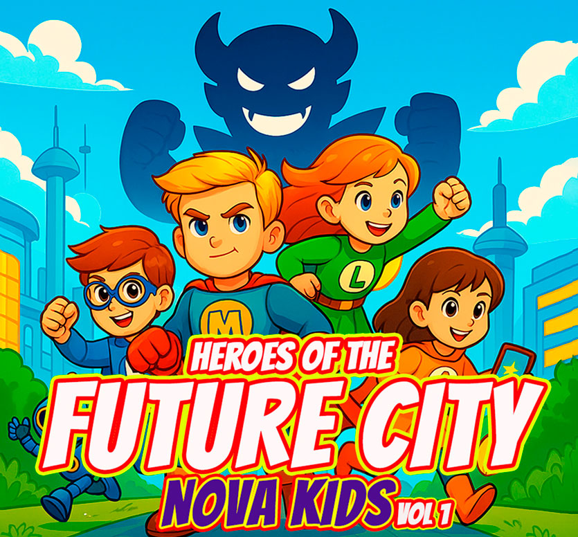 Nova Kids Coloring Book – Cover Art Featuring Max, Luna, Rico, and Aiko Cover of the coloring book Heroes of the Future City – Nova Kids Vol. 1, featuring a team of young superheroes in a futuristic city with a mysterious villain shadow in the background.