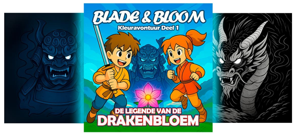 Fantasierijk kleurboek geïnspireerd op Japanse legendes, met samoerai, ninja’s, draken en magische bossen.